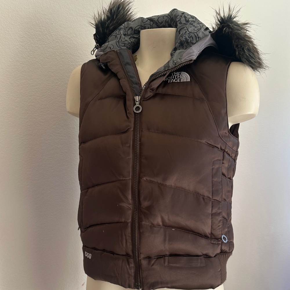 The North Face Dark Brown Puffer Vest with Fur Hood And omens small 550